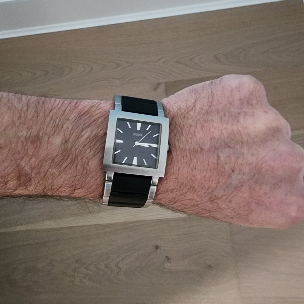 Men's Guess Stainless Steel and Black Leather Watch